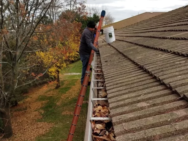 Demarks professional cleaning gutter with black gloves and white bucket