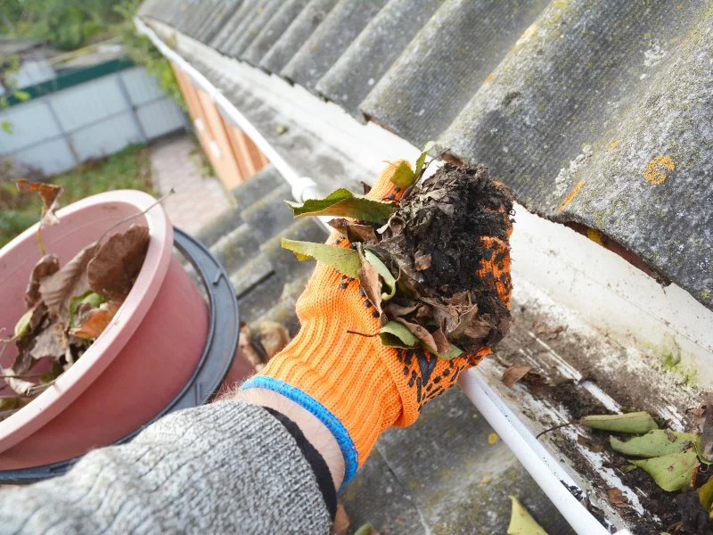 professional with orange gloves cleaning gutter