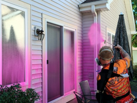 Demarks profession using pink solution to clean side of white house