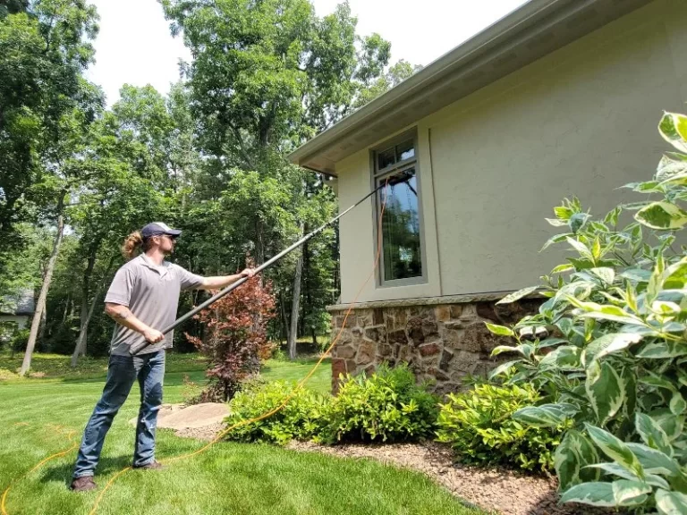 Demarks cleaning professional cleaning window on beige house